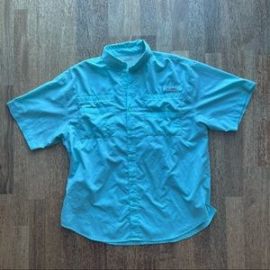 Columbia PFG Shirt Short Sleeve Button Up Omni Shade Fishing Mens Large Teal EUC